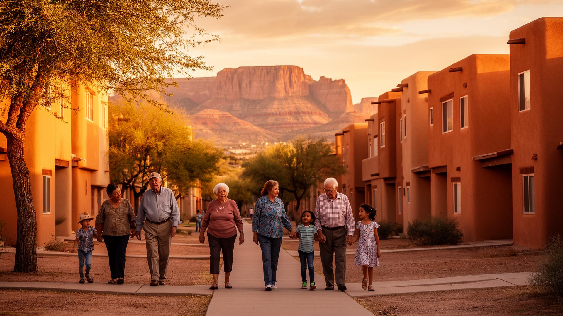 A multigenerational family walking together through a New Mexico affordable housing community at sunset
