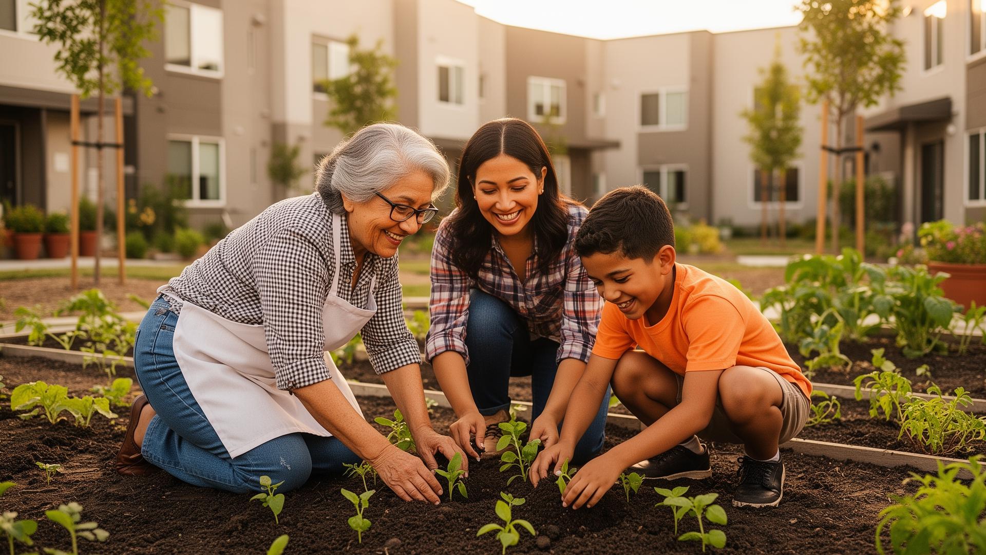 A grandmother and child gardening together in an affordable housing community courtyard